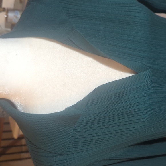 Lands' End Ribbed Evergreen  Knit Midi Sheath Dress V Neck Notched Collar Sz L - Picture 5 of 9